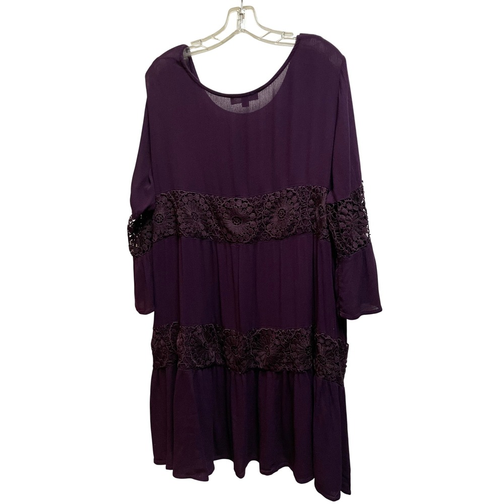 Suzanne Betro Plum Purple Crochet Lace Tiered Tunic Dress 2X Boho Bell Sleeve